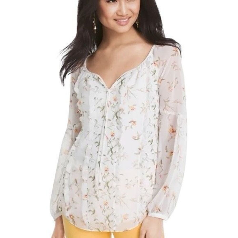 White House Black Market Blouse White Floral Top Peasant Tie Front Ruffle Sheer